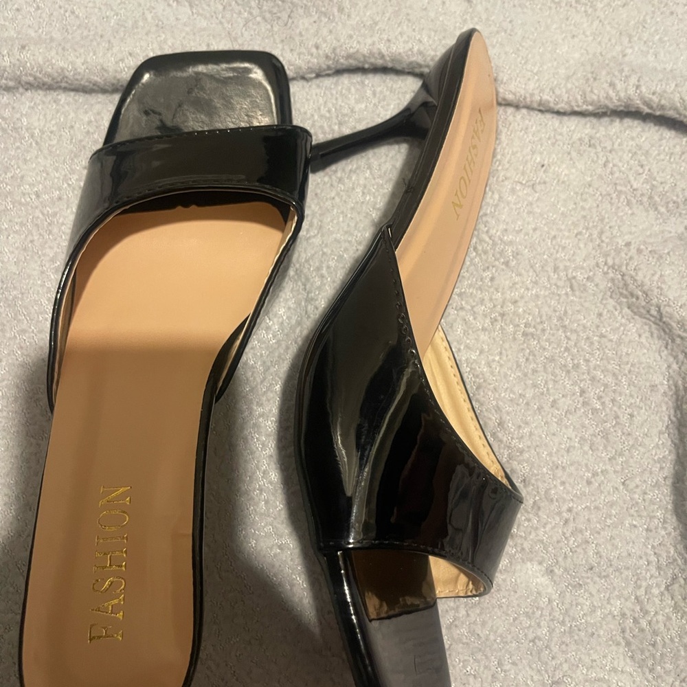 SHEIN Black Patent Square Toe Slide Heels